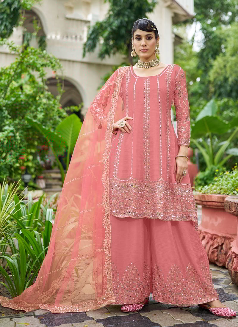 Pink Embroidered Mirror Work Chinon A Line Palazzo Suit Festive Wear