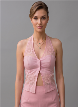 Pink Embroidered Organza Smocking Blouse