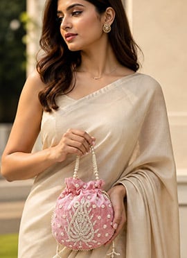 Pink Embroidered Potli Bag With Pearl Bead Work