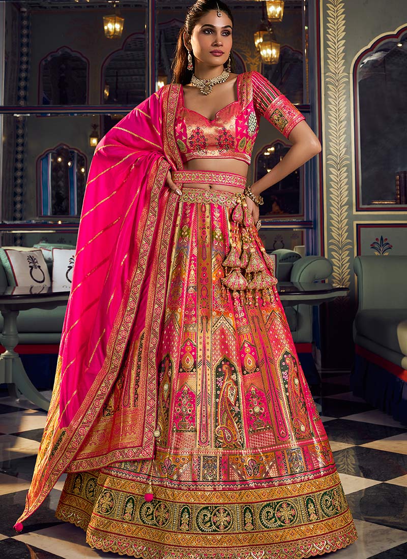 Pink Embroidered Sequins Banarasi Silk Lehenga Wedding Wear