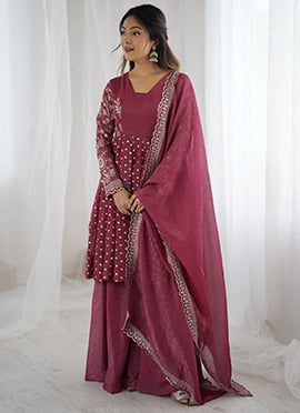 Pink Embroidered Sequins Crunchy Silk Palazzo Suit