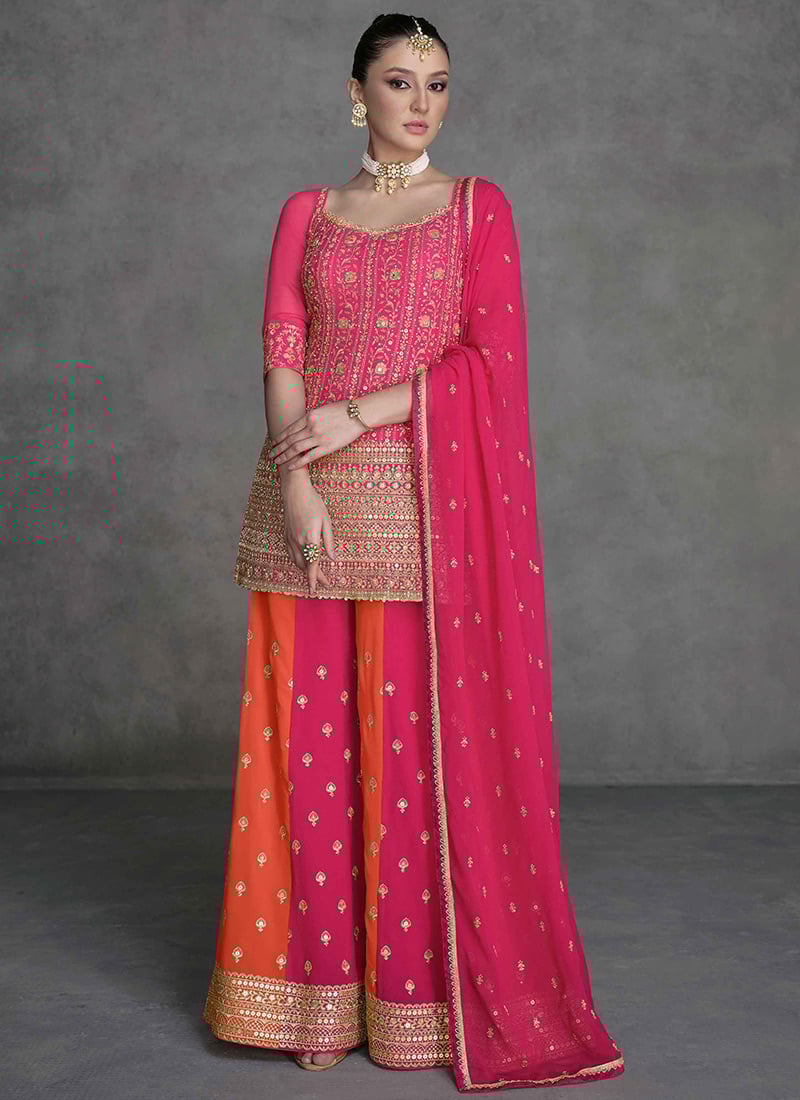 Pink Embroidered Sequins Mirror Work Palazzo Suit Party Wear