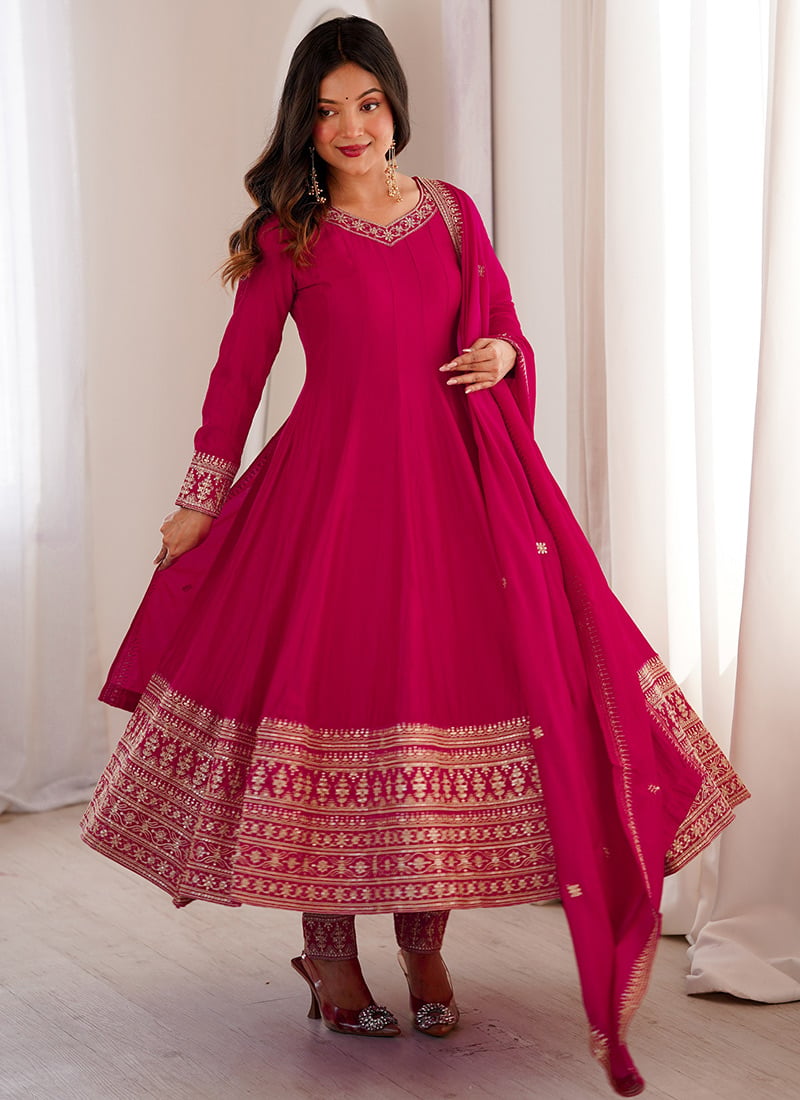 Pink Embroidered Sequins Silk Anarkali Suit Festive Wear