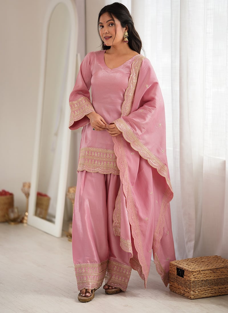 Pink Embroidered Sequins Silk Farshi Suit Festive Wear