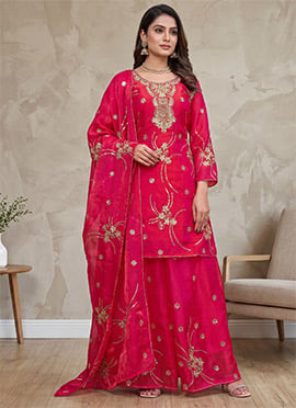 Pink Embroidered Sequins Silk Palazzo Suit