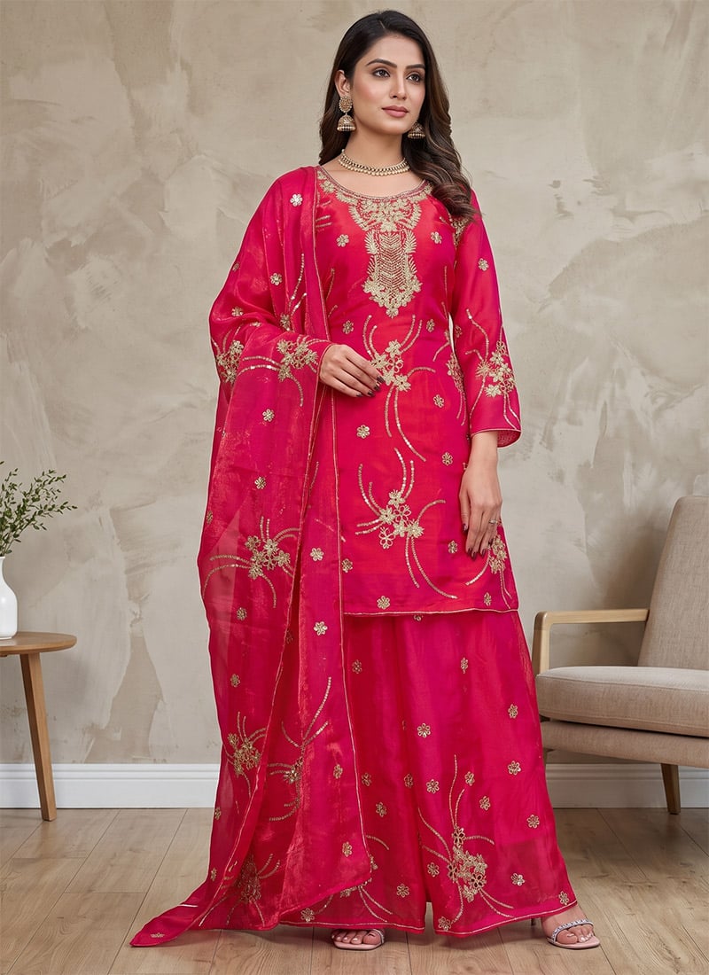 Pink Embroidered Sequins Silk Palazzo Suit Festive Wear