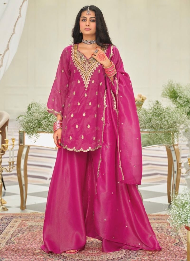Pink Embroidered Sequins Silk Palazzo Suit Festive Wear