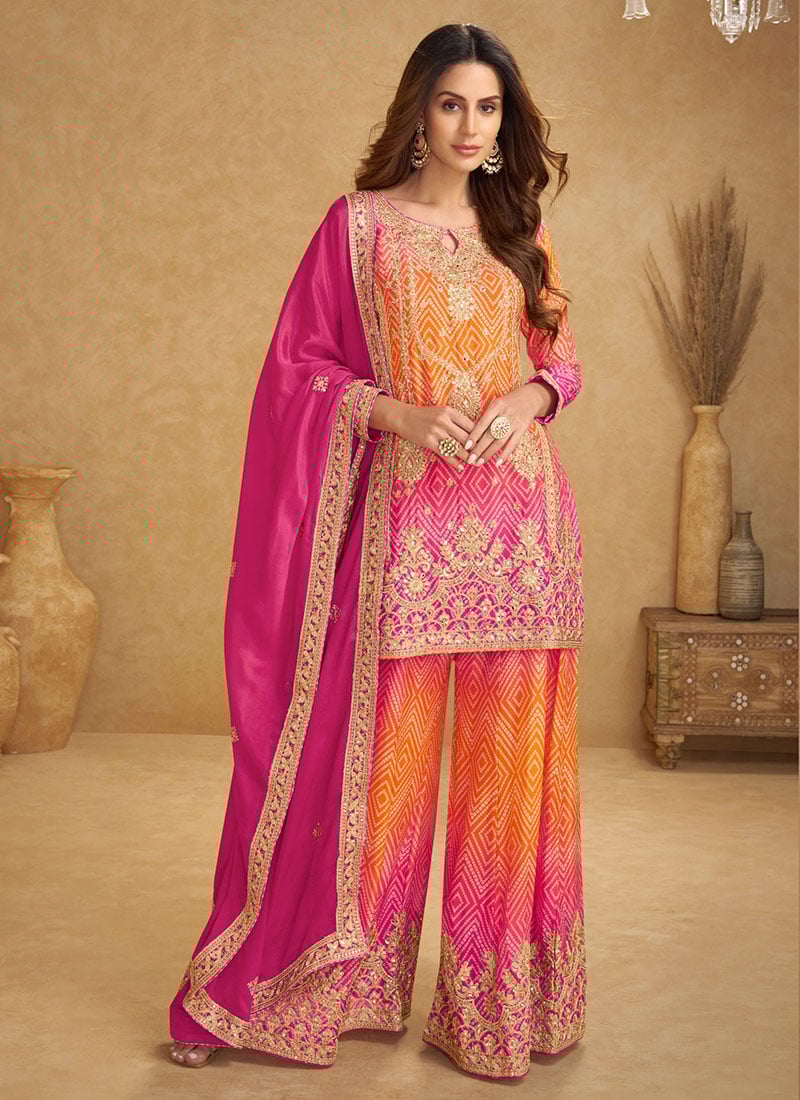 Pink Embroidered Sequins With Stone Work Chinon Silk Palazzo Suit Festive Wear