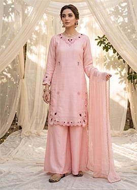 Pink Embroidered Silk Palazzo Suit