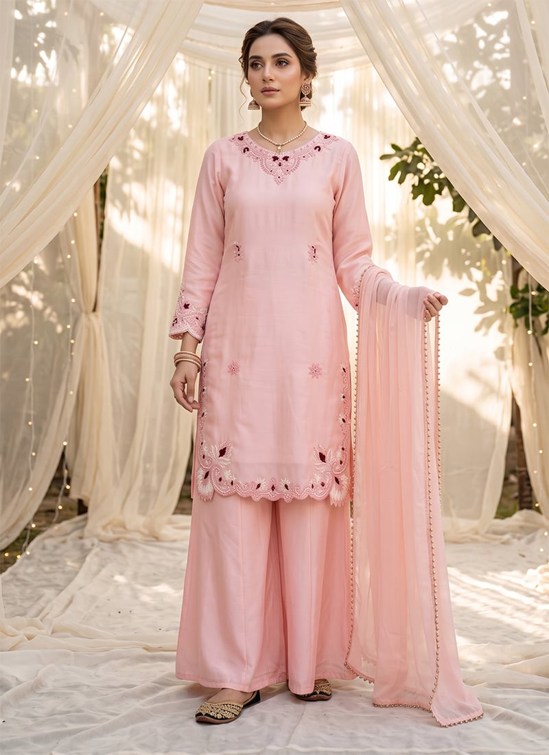Pink Embroidered Silk Palazzo Suit Festive Wear
