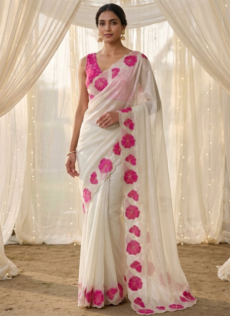 Pink Embroidered Silk Saree with Sequin Applique Work Bandhani Blouse Festive Wear