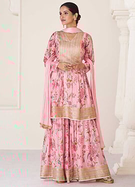 Pink Embroidery Printed Organza Silk Sharara Suit