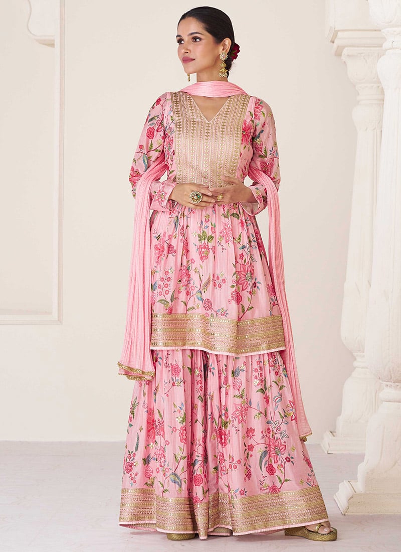 Pink Embroidery Printed Organza Silk Sharara Suit Party Wear