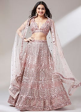 Pink Embroidery Sequins Net Umbrella Lehenga