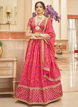 Pink Embroidery Sequins Printed Work Velvet Umbrella Lehenga