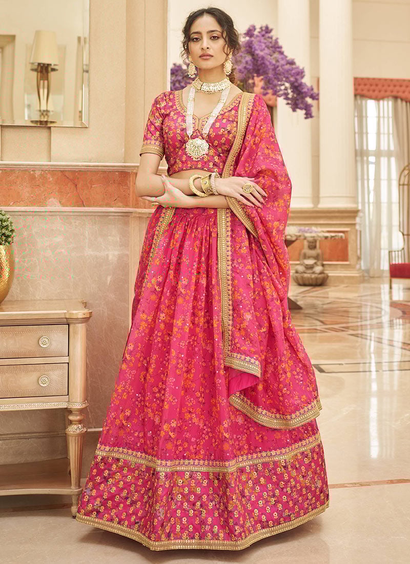 Pink Embroidery Sequins Printed Work Velvet Umbrella Lehenga Wedding Wear