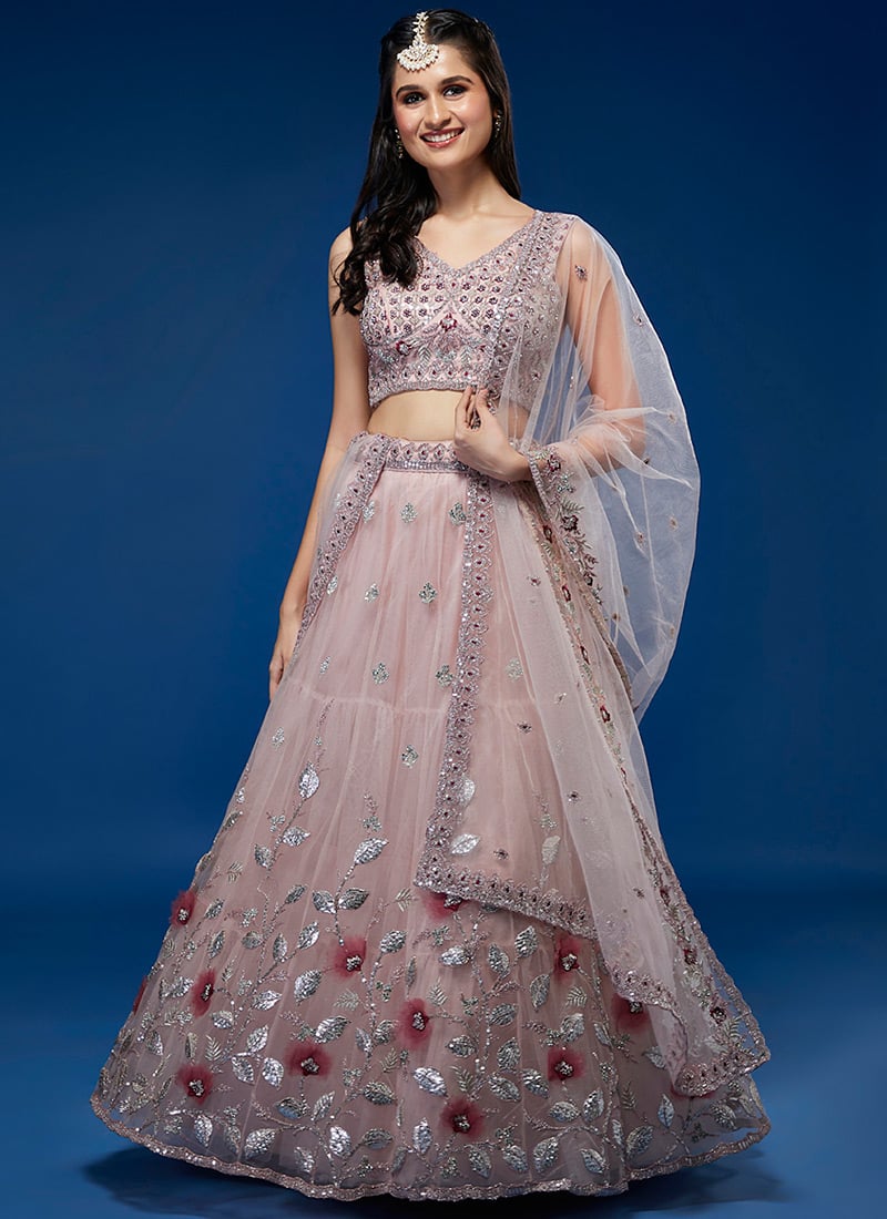 Pink Embroidery Sequins Work Net A Line Lehenga Party Wear