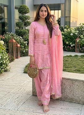 Pink Fandy Satin Mirror And Moti Embellished Salwar Suit