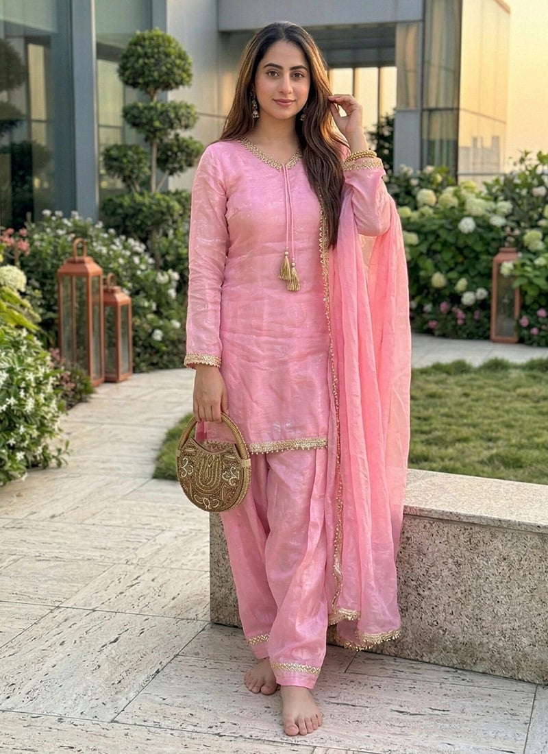 Pink Fandy Satin Mirror And Moti Embellished Salwar Suit After Six Wear
