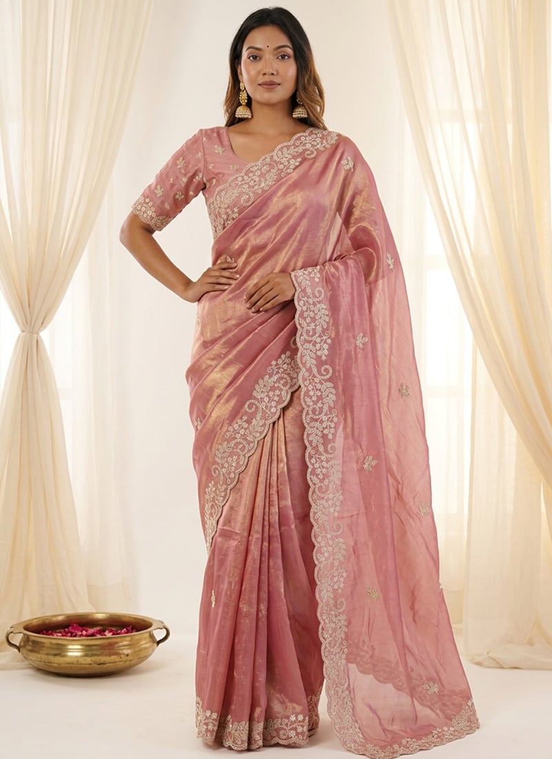 Pink Fandy Satin Silk Embroidered Sequins Saree Festive Wear