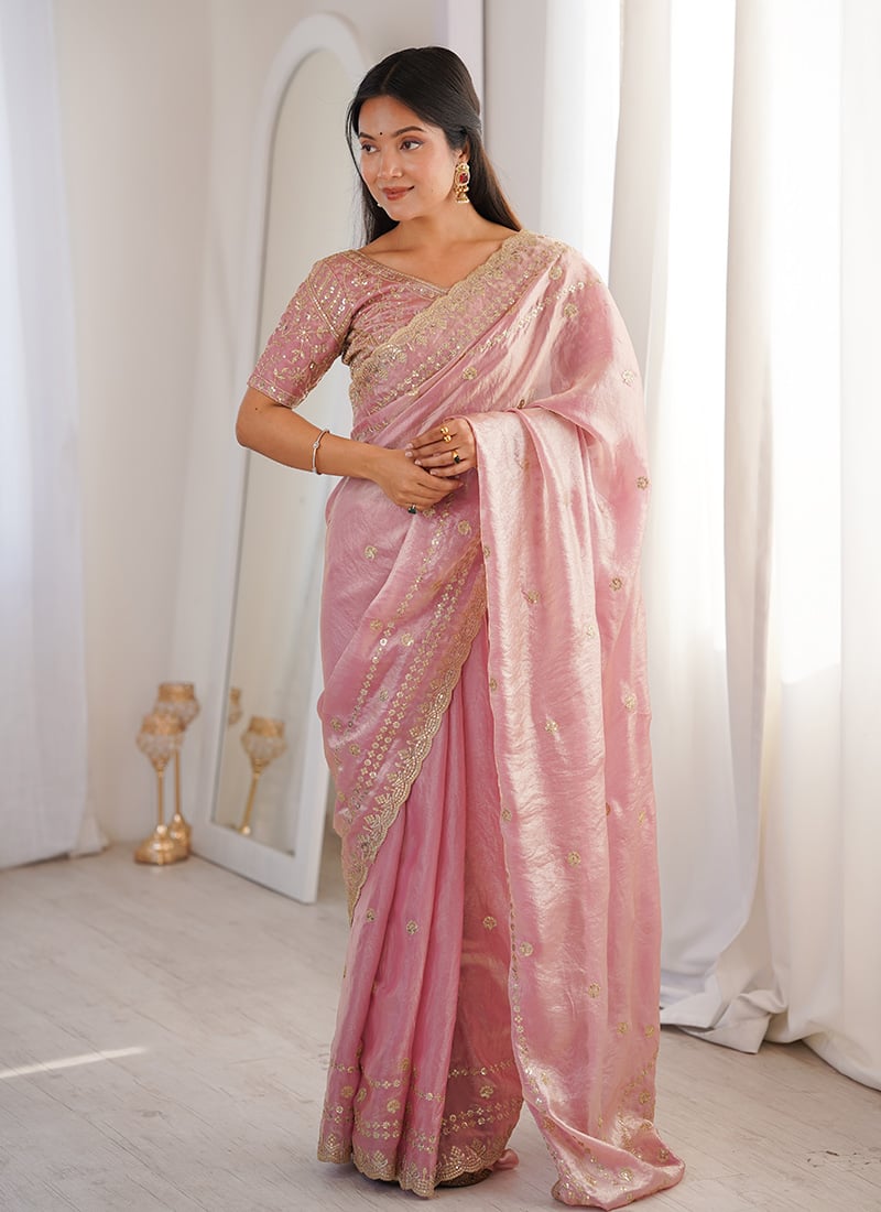 Pink Fandy Silk Embroidered Sequins Saree Festive Wear