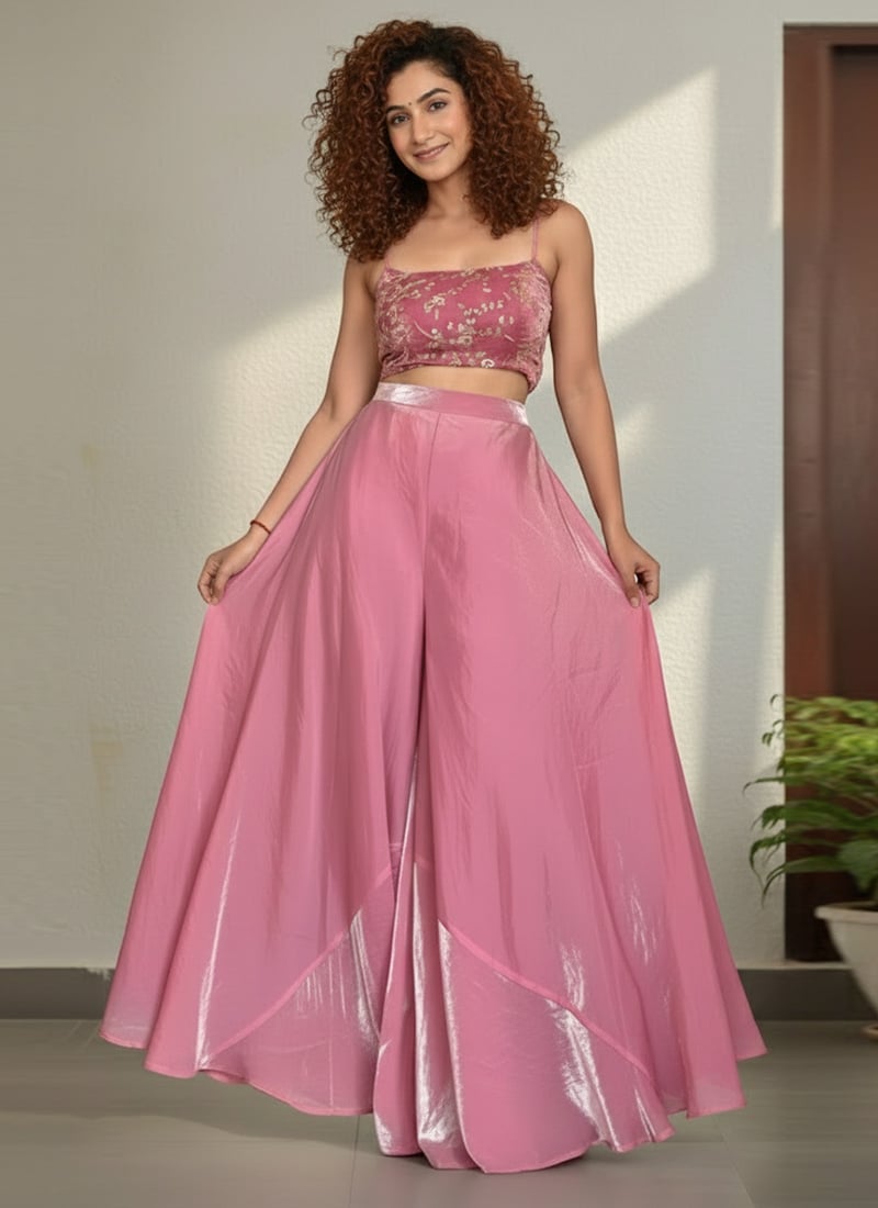 Pink Fandy Silk Hand Embroidered Zari Sequins Indowestern Palazzo Set After Six Wear