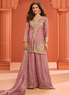 Pink Fandy Silk Zari Embroidered Sequins With Mirror Work Palazzo Suit