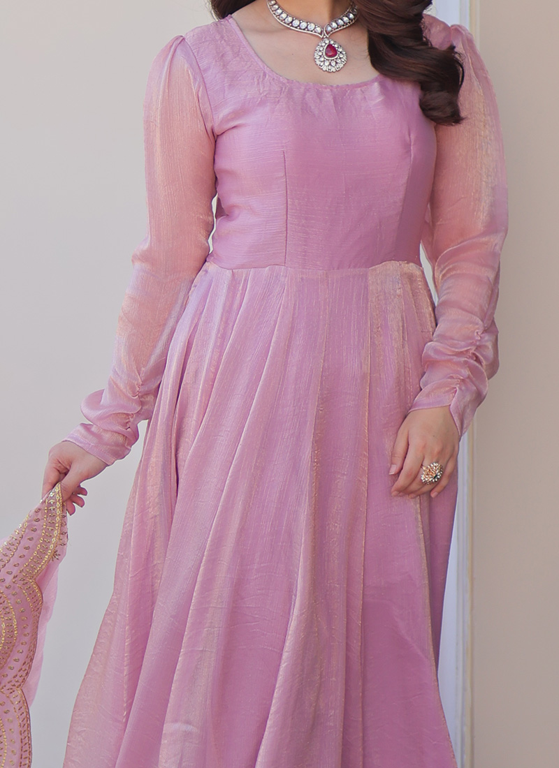 Anaari pink Chiffon Girlish Anarkali Suit With Hand Embroidery Work On Neck & Border