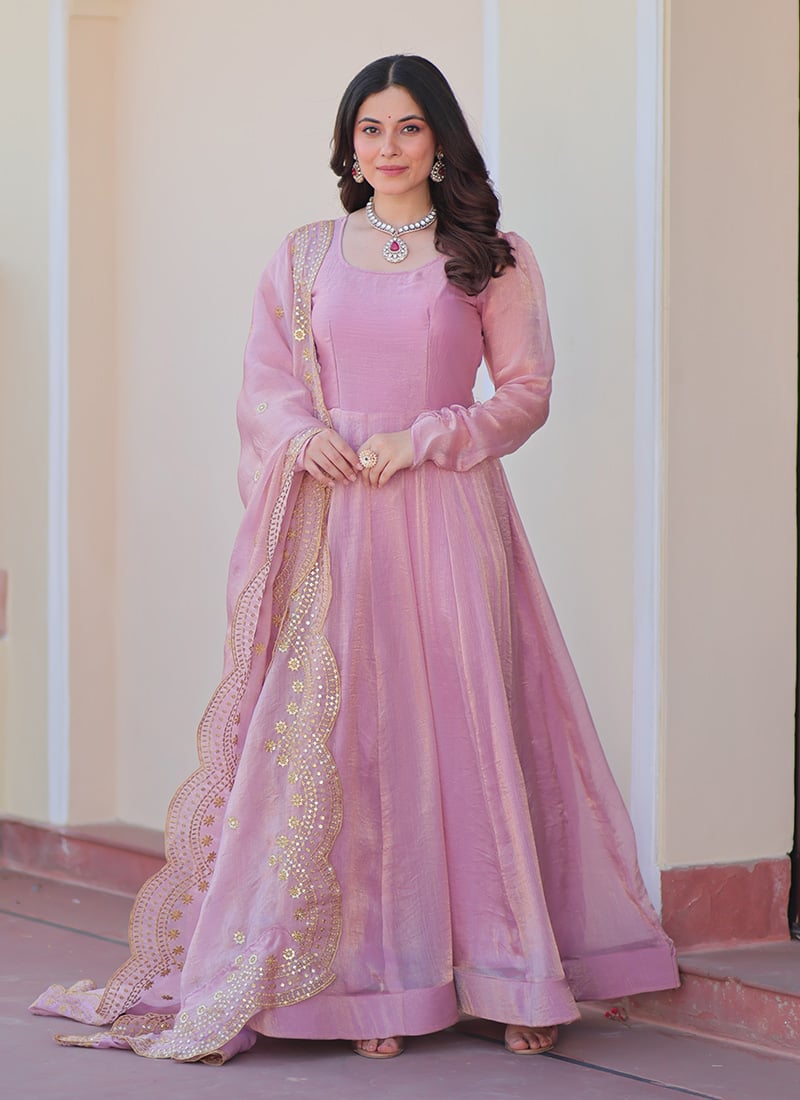 Pink Faux Chiffon Embroidered Anarkali Suit Festive Wear