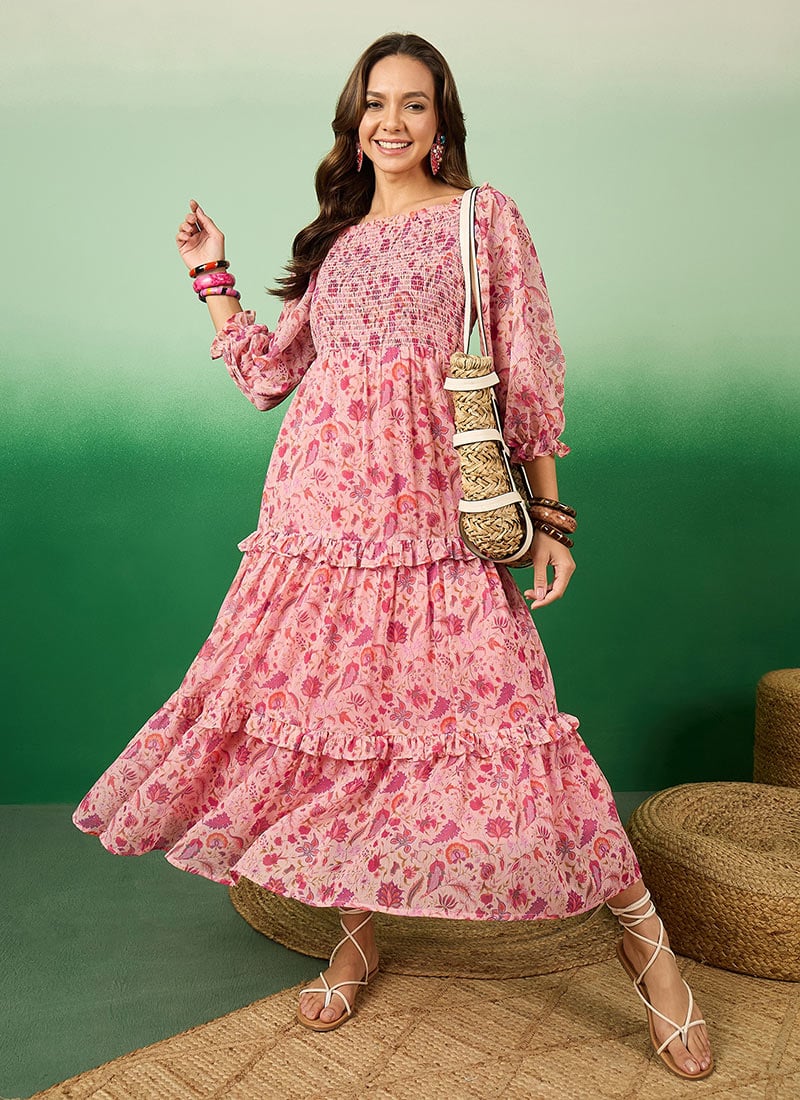 Pink Faux Chiffon Floral Printed A line Dress After Six Wear