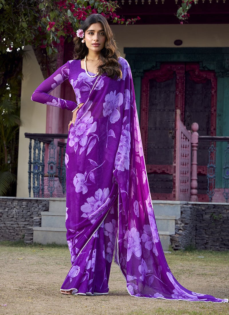 Purple Faux Chiffon Floral Printed Saree With Pearl Lace Work