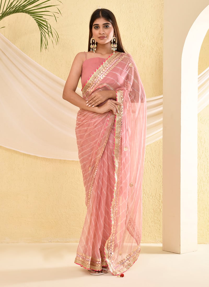 Pink Faux Chiffon Leheriya Print Saree After Six Wear
