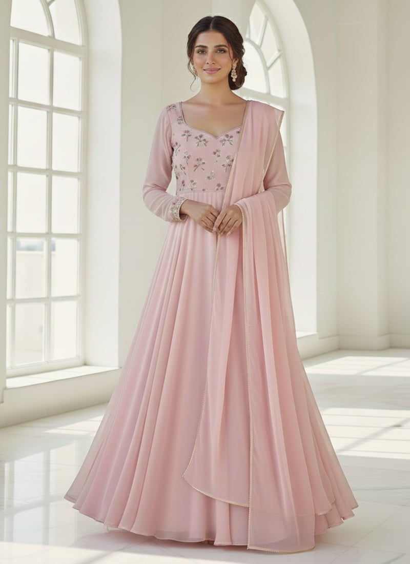 Pink Faux Georgette A Line Anarkali Suit With Sequins  Festive Wear