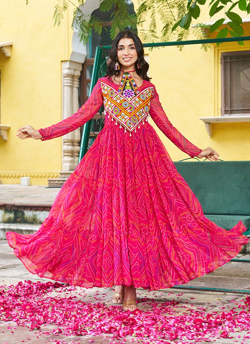 Pink Faux Georgette Anarkali Gown With Bandhani Print and Kutch Work