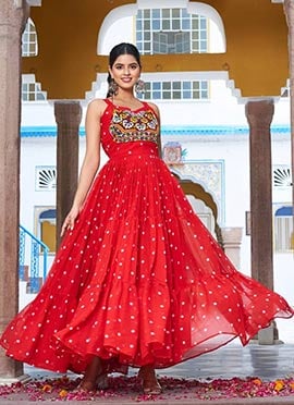 Red Faux Georgette Anarkali Gown With Bandhini Print Festive Wear