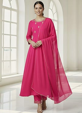 Pink Faux Georgette Anarkali Suit With Zari Sequins Work