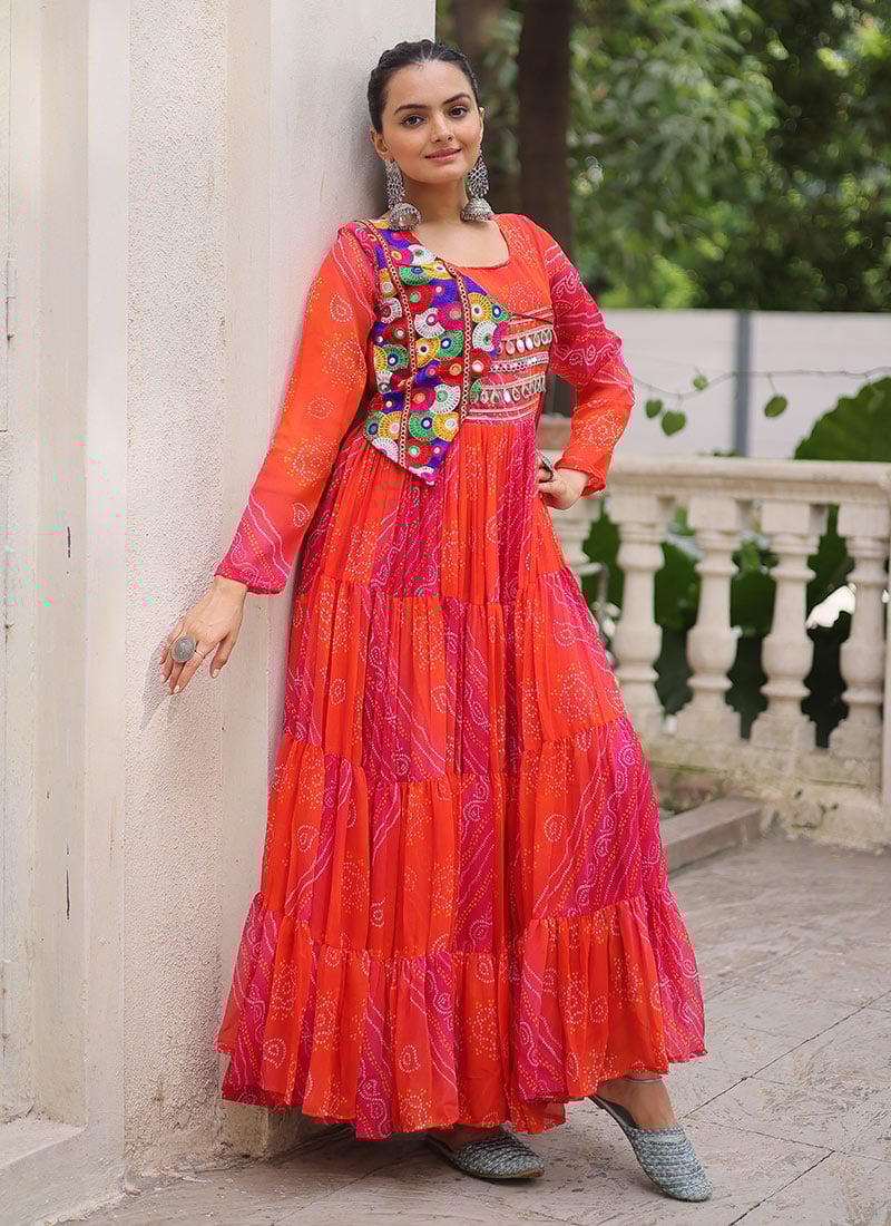 Pink Faux Georgette Bandhini Print Kutch And Mirror Work Gown