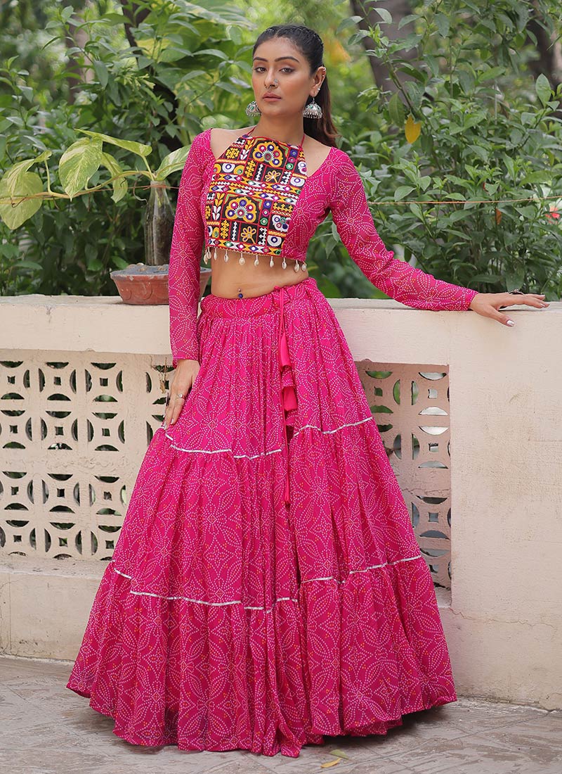 Pink Faux Georgette Bandhini Print Kutch Work Indowestern Skirt Set