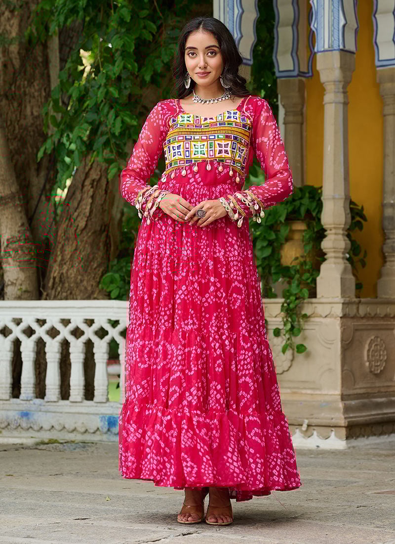 Pink Faux Georgette Bandhini Print With Patch And Kutch Work Gown After Six Wear