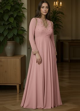 Pink Faux Georgette Beads And Hand Embroidered And Sequins Anarkali Suit