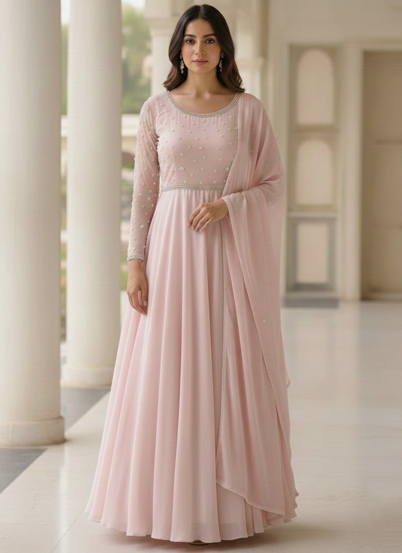 Pink Faux Georgette Beads Hand Embroidered Anarkali Suit Festive Wear