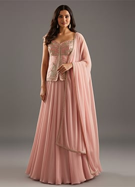 Pink Faux Georgette Beads Sequins Hand Embroidered A Line Lehenga