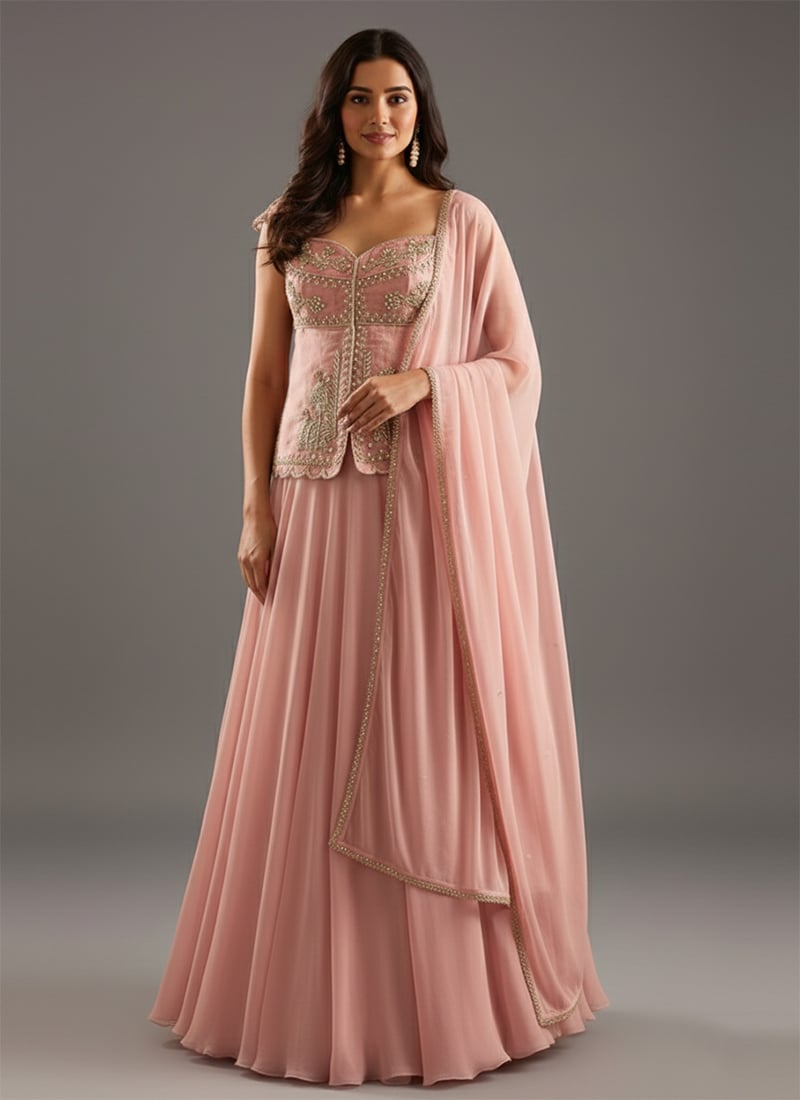 Pink Faux Georgette Beads Sequins Hand Embroidered A Line Lehenga Festive Wear