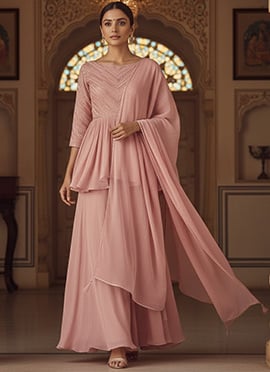 Pink Faux Georgette Beads Sequins Hand Embroidered Palazzo Suit