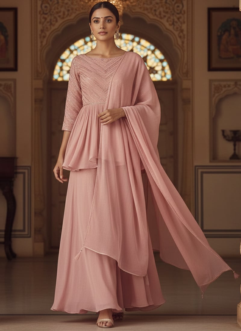 Pink Faux Georgette Beads Sequins Hand Embroidered Palazzo Suit Festive Wear