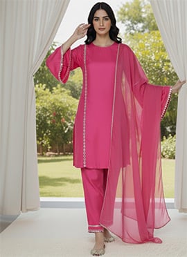 Pink Faux Georgette Beads Stones Hand Embroidered Straight Pant Suit