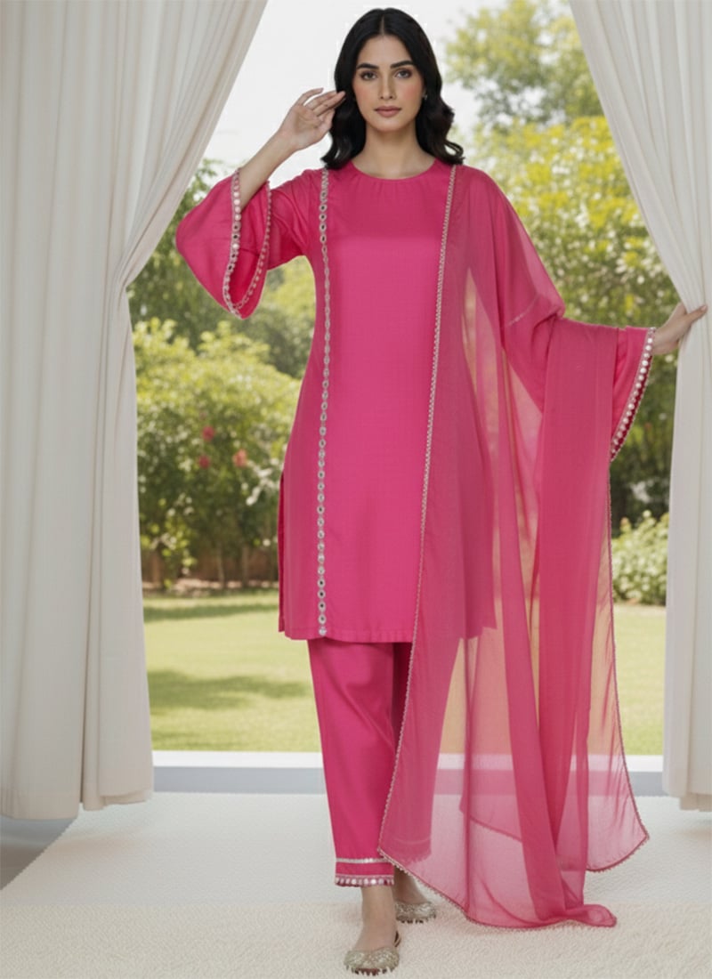 Pink Faux Georgette Beads Stones Hand Embroidered Straight Pant Suit Wedding Wear