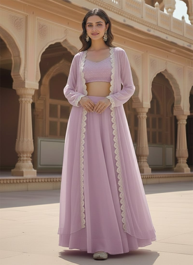 Pink Faux Georgette Beads Work Indowestern Skirt Set With Jacket After Six Wear
