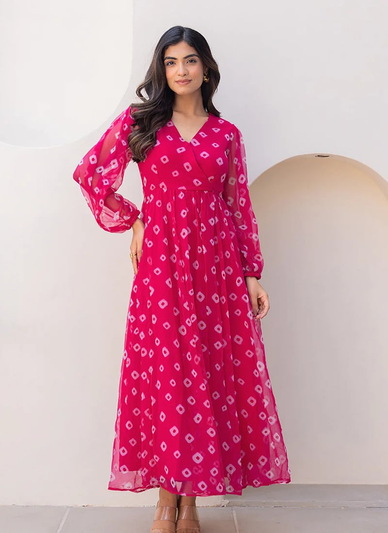 Pink Faux Georgette Digital Print Fit And Flare Dress After Six Wear