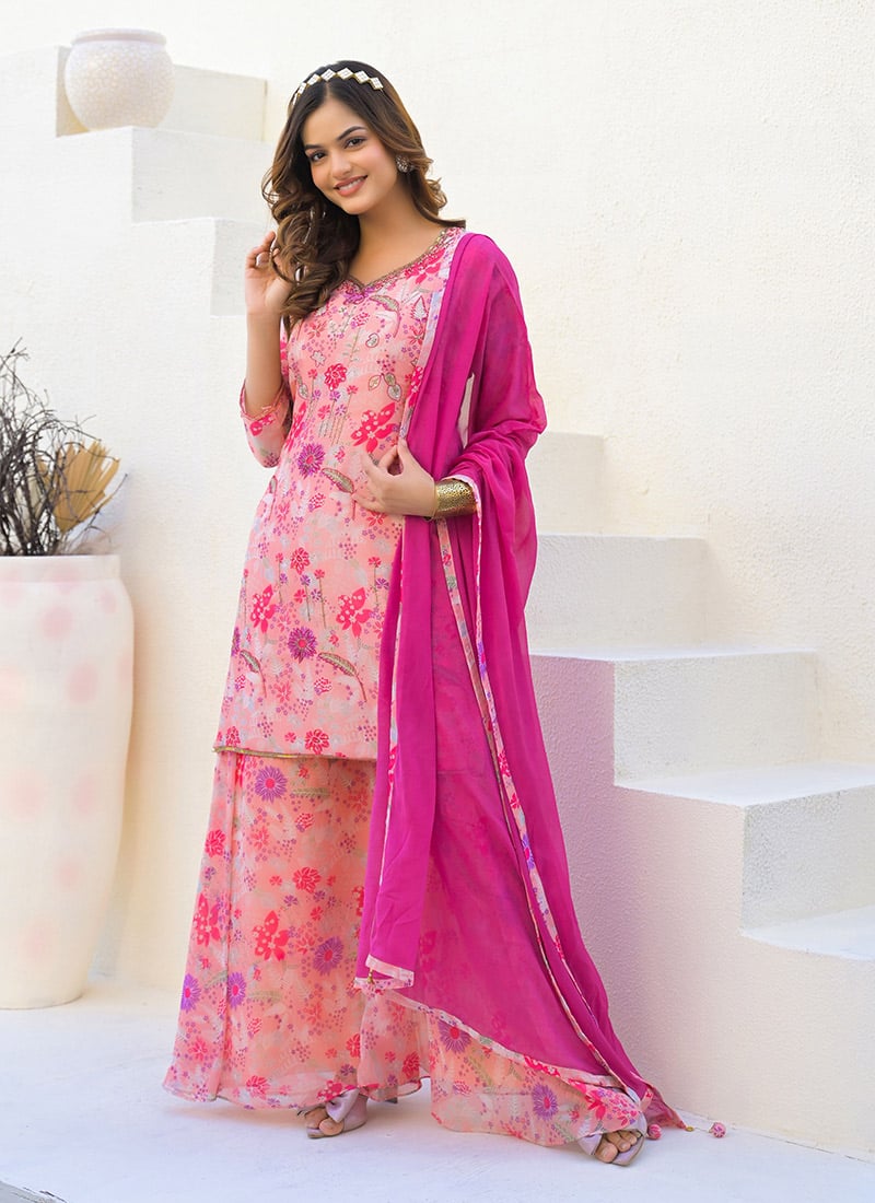 Pink Faux Georgette Digital Print Hand Embroidered Palazzo Suit Festive Wear